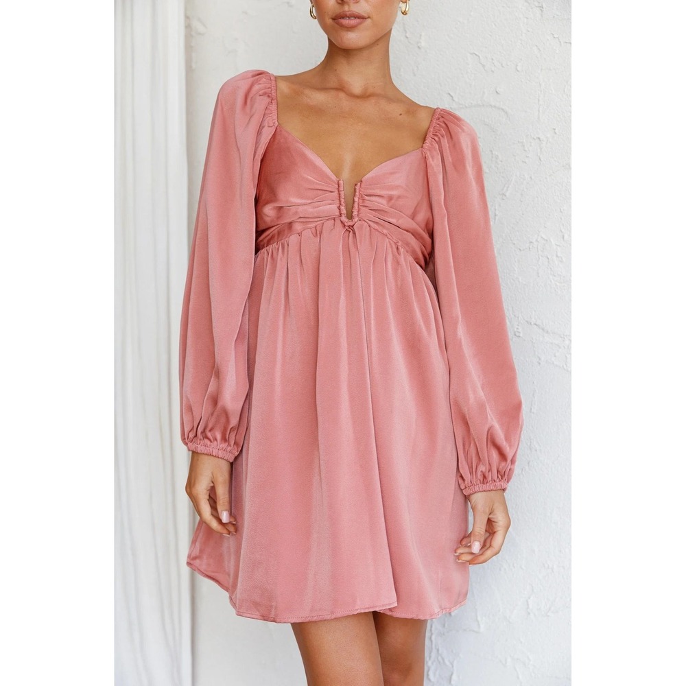 Mustard Seed Medium $90 Rose Pink Long Sleeve Satin Babydoll Lace Up Mini Dress